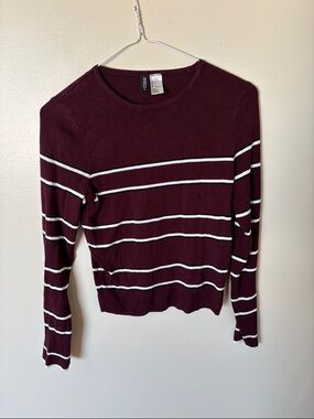 Maroon and White Striped Long Sleeve Top